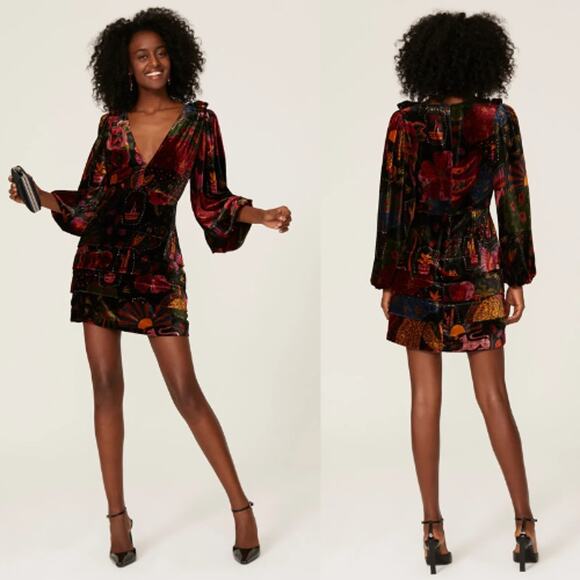 Farm Rio Crazy Mix Velvet Sheath Mini Dress Floral Print Red Black Size Small